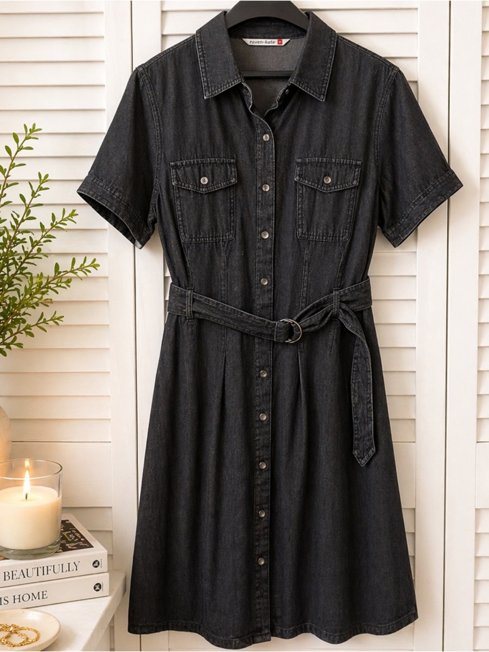 Given Kale XL Black Denim Shirt Dress Belted Button-Down Short Sleeve Knee Leng…